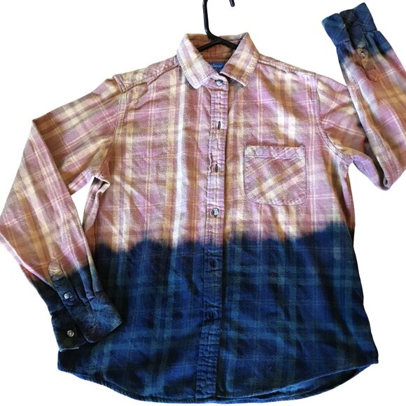 Bleached Flannel Autumn Shirt, Size Medium: Upcycled, Painted Pumpkin Spice - Picture 3 of 12